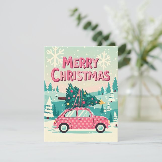 Tarjeta Festiva Merry Christmas Card With Vintage Car (Anverso de pie)