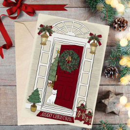 Tarjeta Festiva Merry Christmas Cat at the door Greeting Card