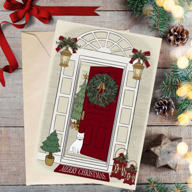 Tarjeta Festiva Merry Christmas Cat at the door Greeting Card (Subido por el creador)