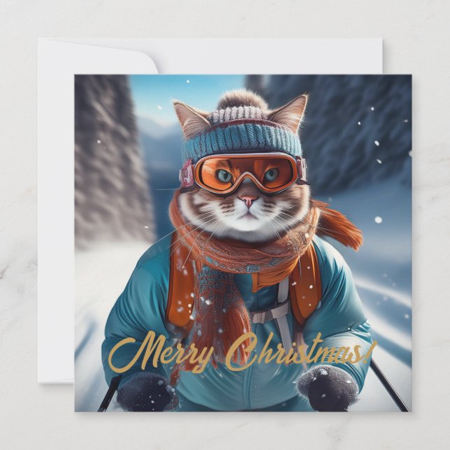 Tarjeta Festiva Merry Christmas Cat ski (Anverso)