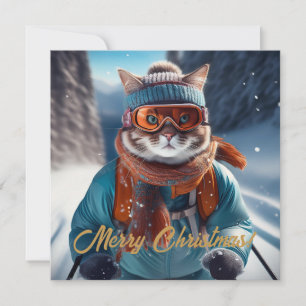 Tarjeta Festiva Merry Christmas Cat ski