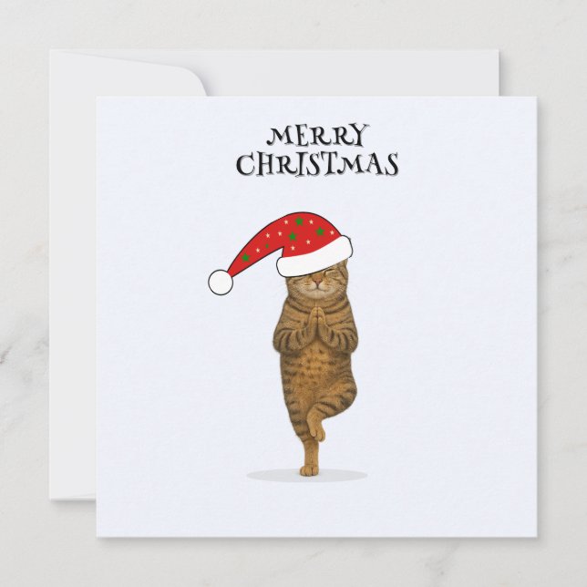 Tarjeta Festiva Merry Christmas cat yoga  (Anverso)