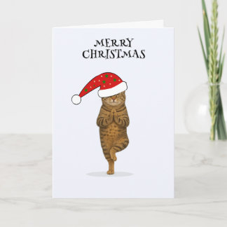 Tarjeta Festiva Merry Christmas cat yoga
