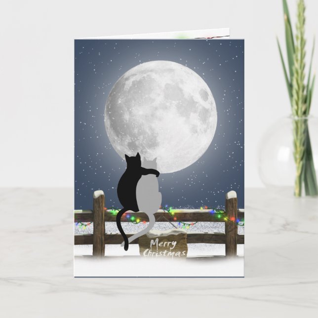Tarjeta Festiva Merry Christmas Cats on a Winter Fence  (Anverso)