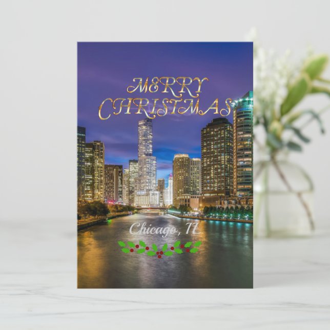 Tarjeta Festiva Merry Christmas, Chicago River at Sunset (Anverso de pie)