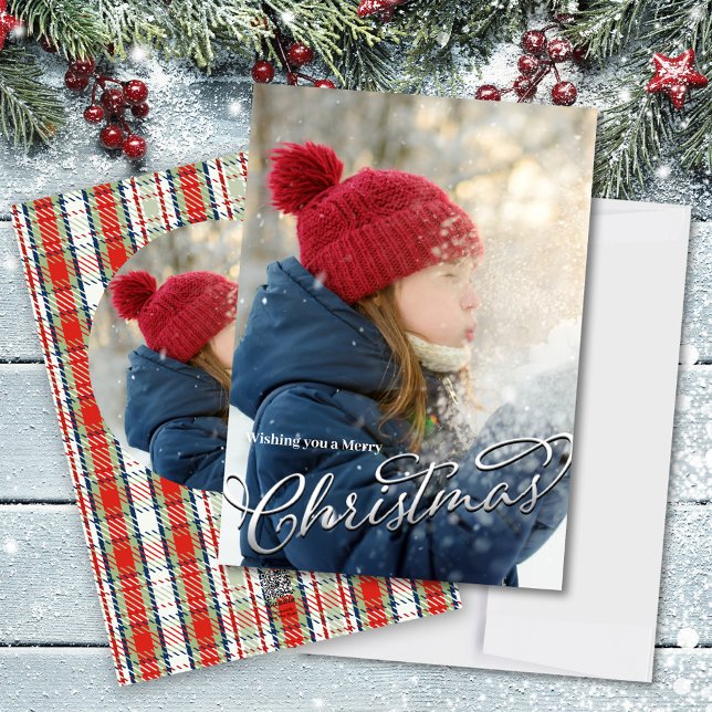 Tarjeta Festiva Merry Christmas Classic Calligraphy Red Plaid (Merry Christmas red and green plaid photo card template)