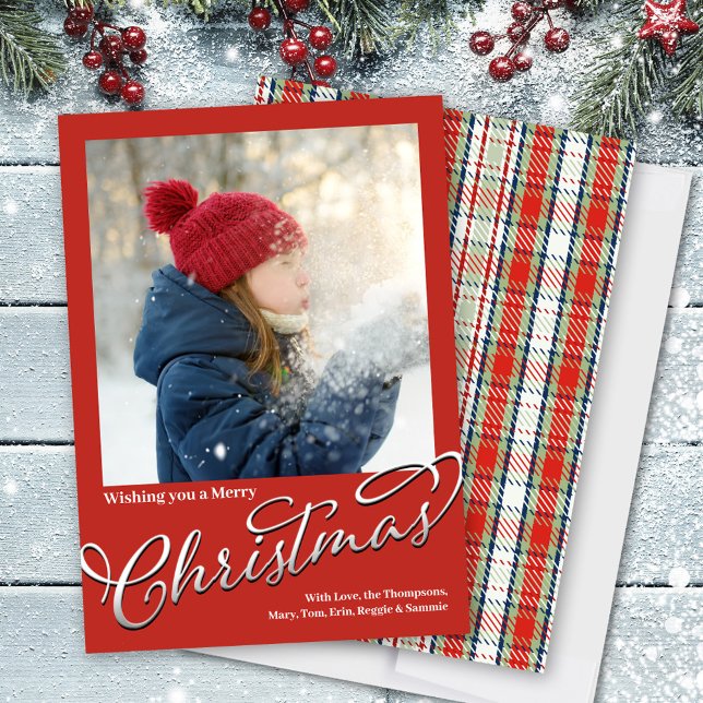 Tarjeta Festiva Merry Christmas Classic Calligraphy Red Plaid (Silver calligraphy script photo Holiday card. )