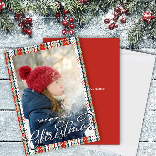 Tarjeta Festiva Merry Christmas Classic Calligraphy Red Plaid (Merry Christmas Silver gradient typography script. )