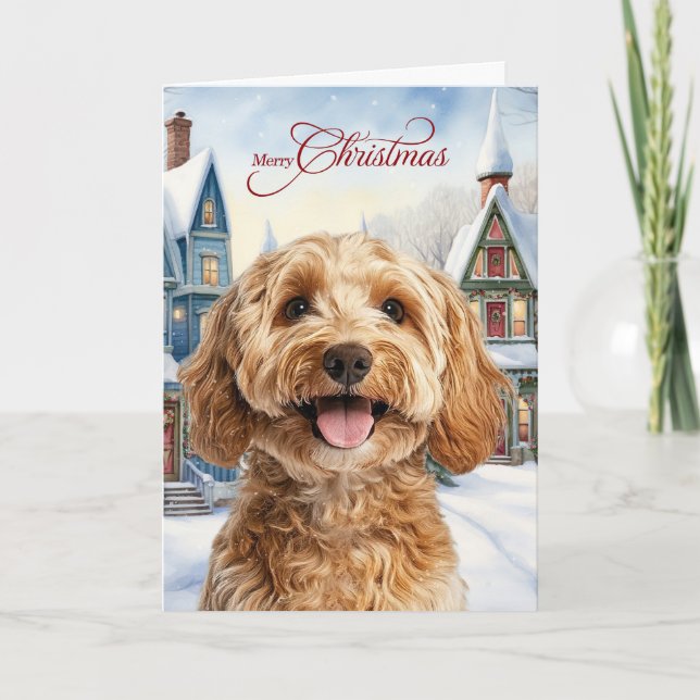 Tarjeta Festiva Merry Christmas Cockapoo Dog Snowy Winter Village (Anverso)
