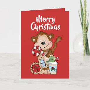 Tarjeta Festiva Merry Christmas cocoa monkey add message card