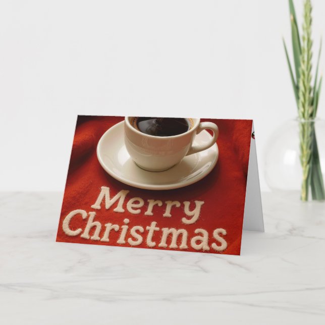 Tarjeta Festiva Merry Christmas Coffee On a Red Blanket (Anverso)