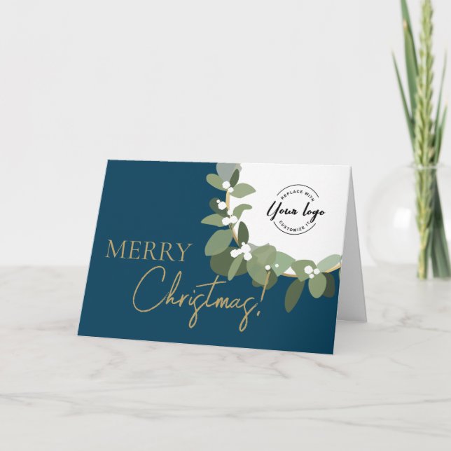 Tarjeta Festiva Merry Christmas Company Logo Gold Green Blue (Anverso)