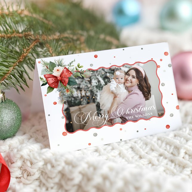 Tarjeta Festiva Merry Christmas Coquette Bow, Ribbon Frame 1 Photo (Subido por el creador)