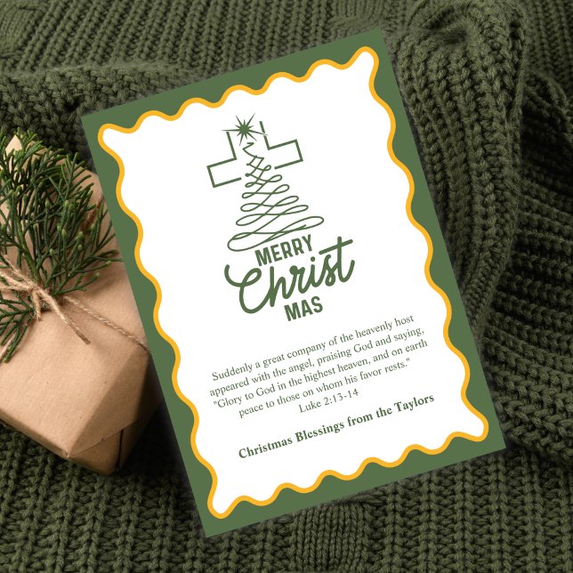 Tarjeta Festiva Merry Christmas Cross Tree Blessings (Merry CHRISTmas Cross-Tree Card Green & Gold with Luke 2:13–14)