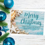 Tarjeta Festiva Merry Christmas Cute Beach Company Seashell Person<br><div class="desc">Una bonita tarjeta personalizado de vacaciones de negocios para una compañía de islas tropicales. Personalizar esta tarjeta de Navidades de fotografía verde azulada de madera azul y de conchas marinas con su nombre de corporación costera u otro texto profesional costero.</div>