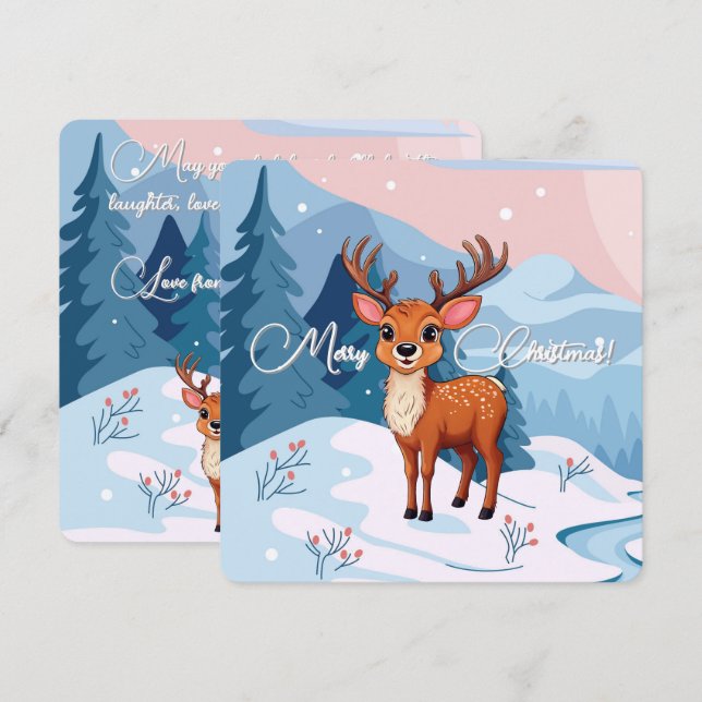 Tarjeta Festiva Merry Christmas Cute Cartoon Reindeer in winter  (Anverso / Reverso)