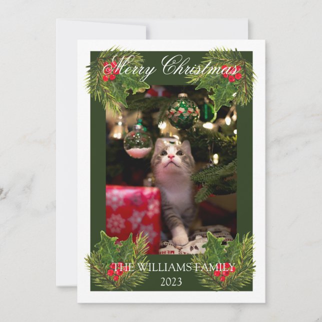 Tarjeta Festiva Merry Christmas Cute Cat Mascota Foto Watercolor (Anverso)