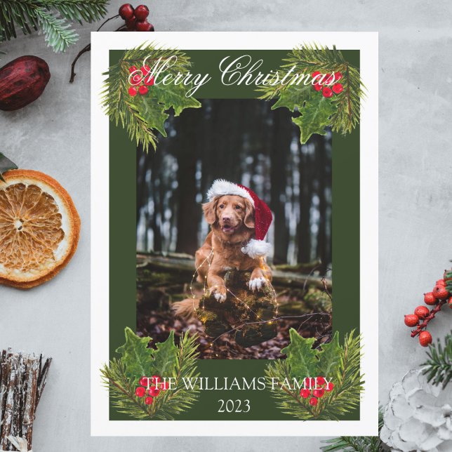 Tarjeta Festiva Merry Christmas Cute Dog Mascota Foto Watercolor (Subido por el creador)
