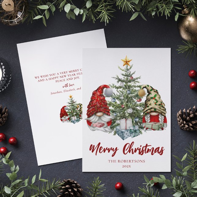 Tarjeta Festiva Merry Christmas Cute Gnomes Pine Tree (Subido por el creador)