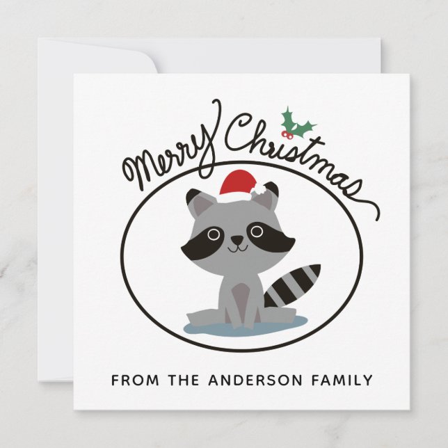 Tarjeta Festiva Merry Christmas Cute Raccoon Nombre personalizado (Anverso)