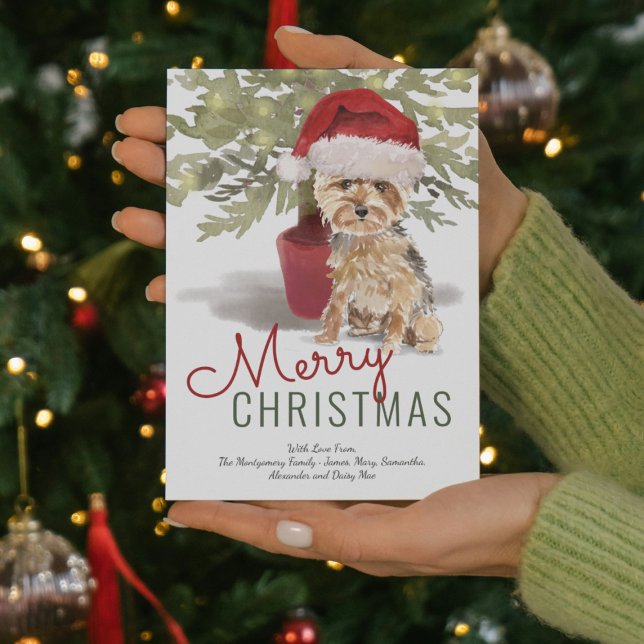 Tarjeta Festiva Merry Christmas Cute Yorkshire Terrier Watercolor (Subido por el creador)
