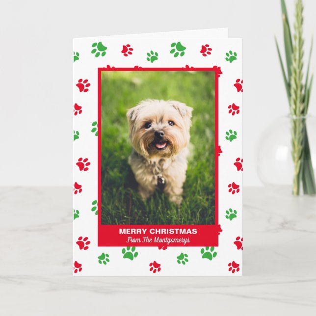 Tarjeta Festiva Merry Christmas Dog Red Green Paw Imprime foto Mas (Anverso)