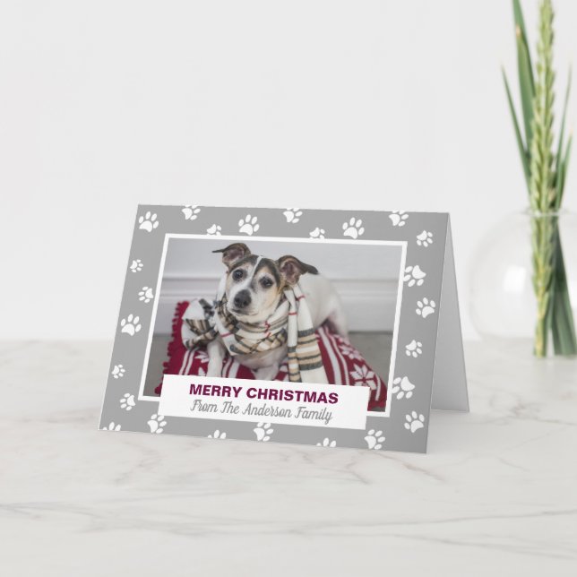 Tarjeta Festiva Merry Christmas Dog White Paw Imprime foto Mascota (Anverso)