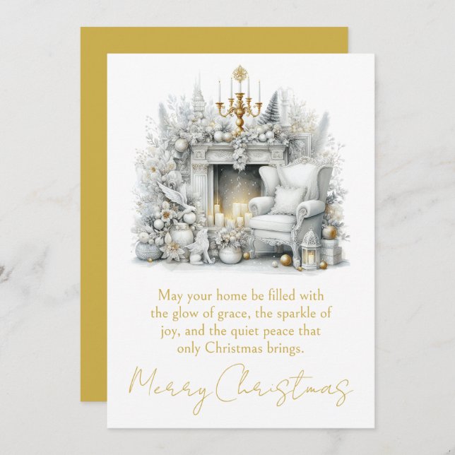 Tarjeta Festiva Merry Christmas Elegant Fireplace with Chandelier (Anverso / Reverso)