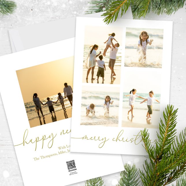 Tarjeta Festiva Merry Christmas Elegant Gold Calligraphy Two Photo (Merry Christmas gold stylish calligraphy photo card with a five photo template. )