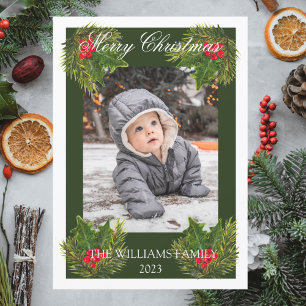 Tarjeta Festiva Merry Christmas Family Baby Photo Watercolor