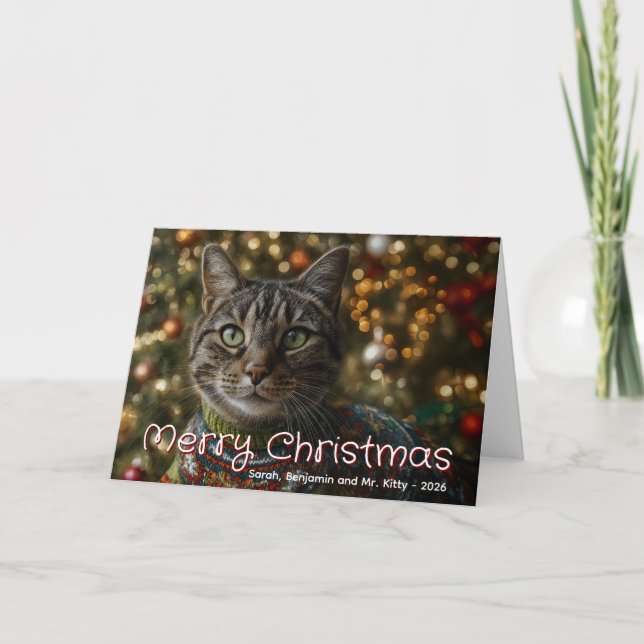 Tarjeta Festiva Merry Christmas Family Cat Photo (Anverso)