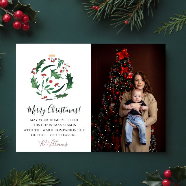 Tarjeta Festiva Merry Christmas Family Photo Floral Ball Red Green (Subido por el creador)