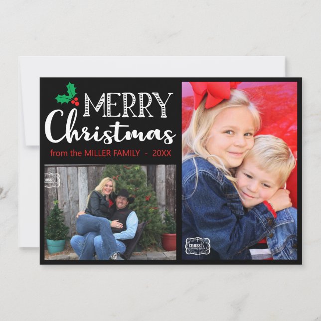 Tarjeta Festiva Merry Christmas Family Photo Hand Lettered Black (Anverso)