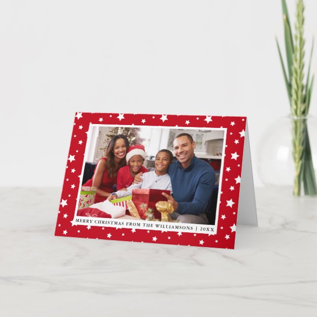 Tarjeta Festiva Merry Christmas Family Photo Stars Red (Anverso)