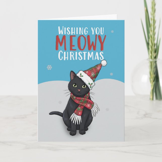Tarjeta Festiva Merry Christmas For Anyone Cute Cat Snow With Hat  (Anverso)