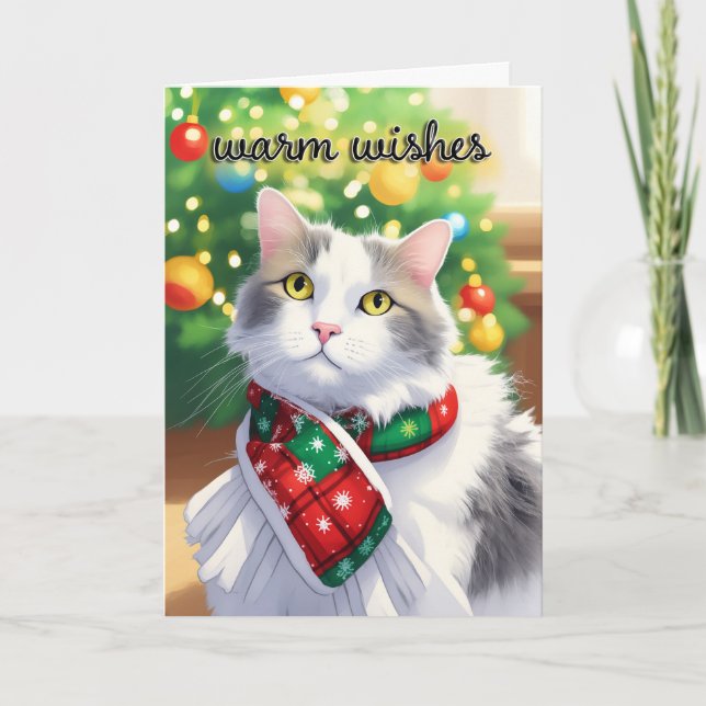 Tarjeta Festiva Merry Christmas For Anyone Warm Wishes Cute Cat (Anverso)
