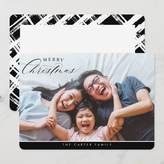 Tarjeta Festiva MERRY CHRISTMAS FOTO elegante caligrafía negro (Anverso / Reverso)