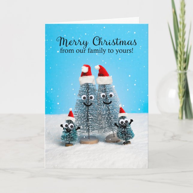 Tarjeta Festiva Merry Christmas From Family of Four Trees (Anverso)