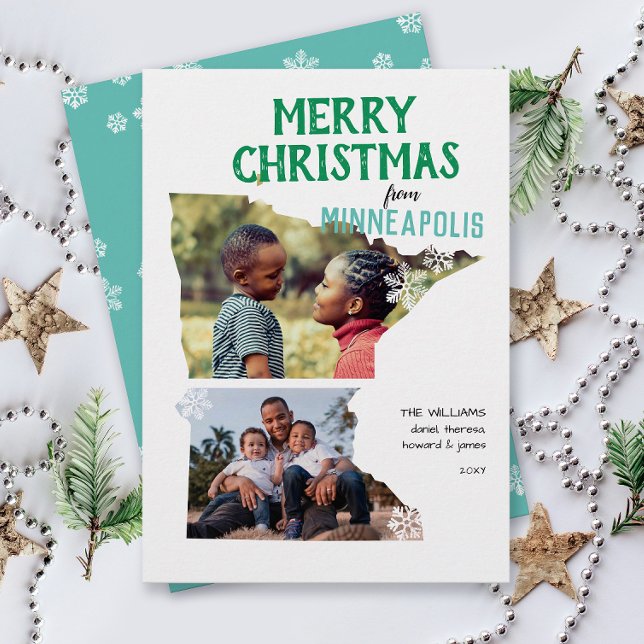 Tarjeta Festiva Merry Christmas from Minnesota Two Photo (From Minnesota with love two photo Christmas holiday card and moving announcement )