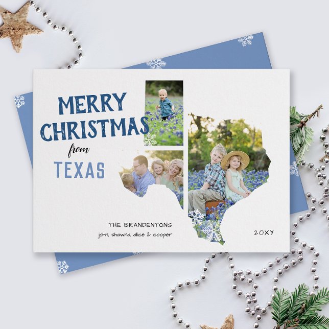 Tarjeta Festiva Merry Christmas from Texas Three Photo Card (From the state of Texas with love three photo Christmas holiday card and moving announcement)