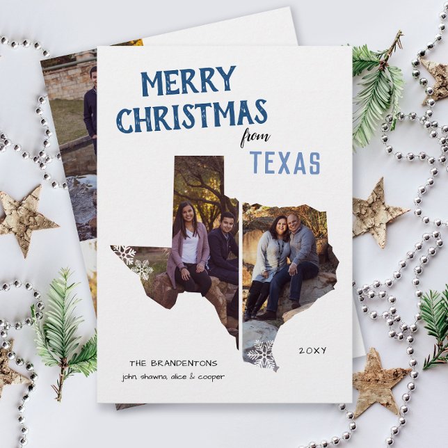 Tarjeta Festiva Merry Christmas from Texas We've Moved (From Texas with love four photo Christmas holiday card for families, moving announcement on the back)