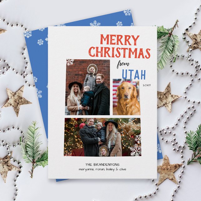 Tarjeta Festiva Merry Christmas from Utah Multi Photo Card (Happy Holidays Merry Christmas from Utah state pride three photo family card moving announcement)