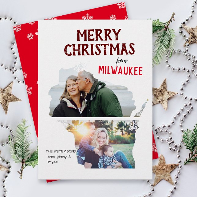 Tarjeta Festiva Merry Christmas from Wisconsin Two Photo (From Wisconsin with love two photo Christmas holiday card for families, moving announcement )