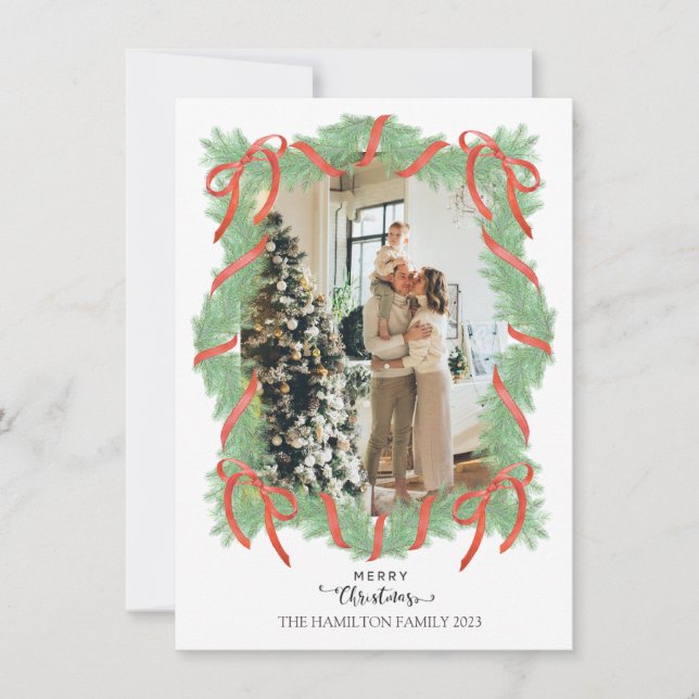 Tarjeta Festiva Merry Christmas Garland Frame Bow Foto (Anverso)
