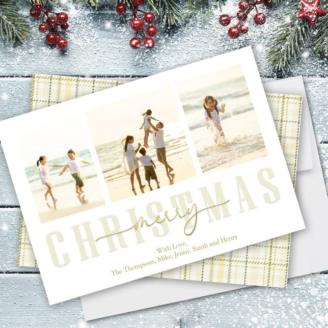 Tarjeta Festiva Merry Christmas Gold Elegant Calligraphy Plaid (Merry Christmas gold calligraphy and modern block typography photo card)