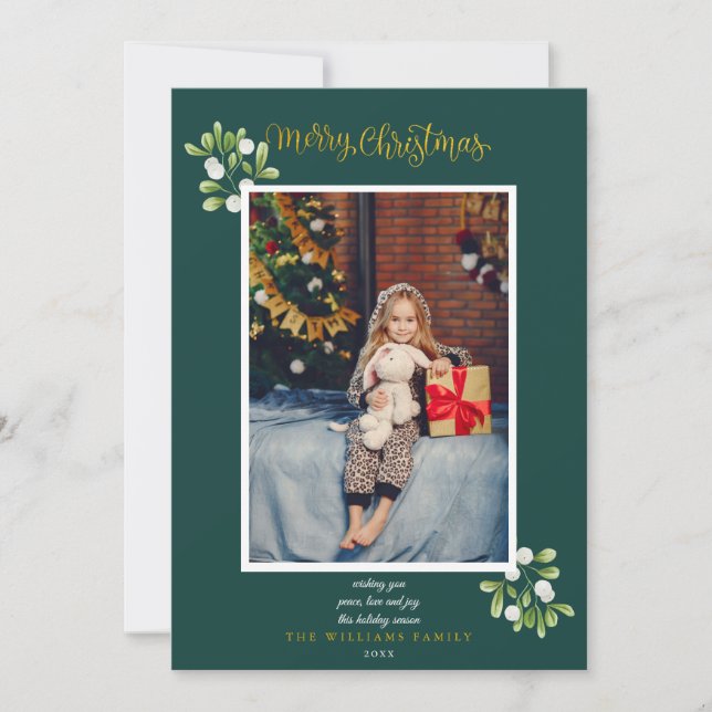 Tarjeta Festiva Merry Christmas Gold Script MistletoPhoto (Anverso)