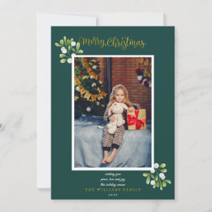 Tarjeta Festiva Merry Christmas Gold Script MistletoPhoto