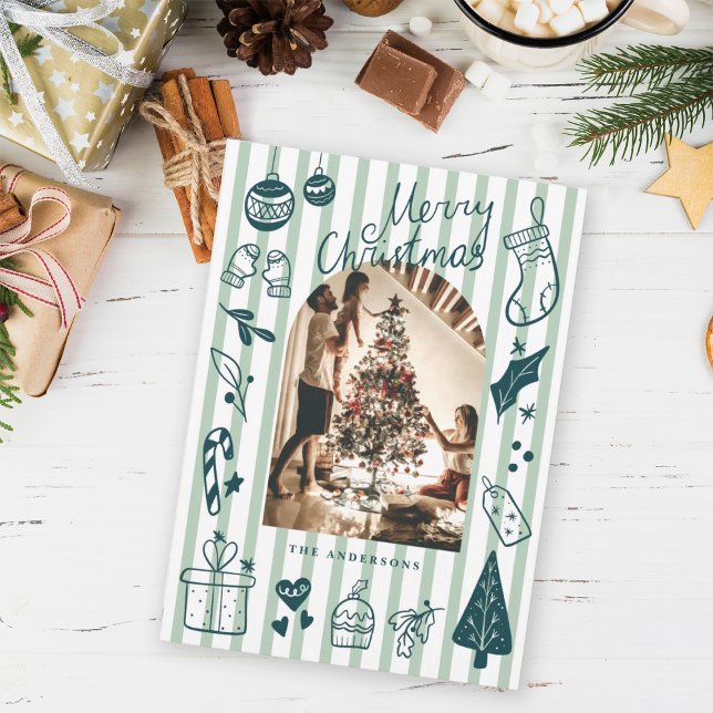 Tarjeta Festiva Merry Christmas Green Hand Drawn Favorite Things (Subido por el creador)