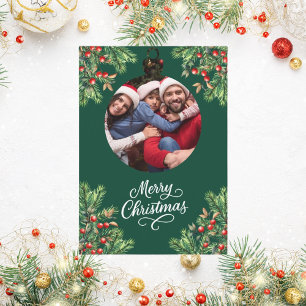 Tarjeta Festiva Merry Christmas Green pine photo year reseña