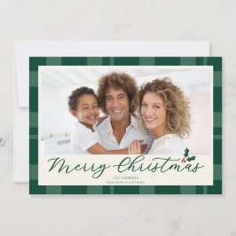 Tarjeta Festiva Merry Christmas Green Plaid Photo